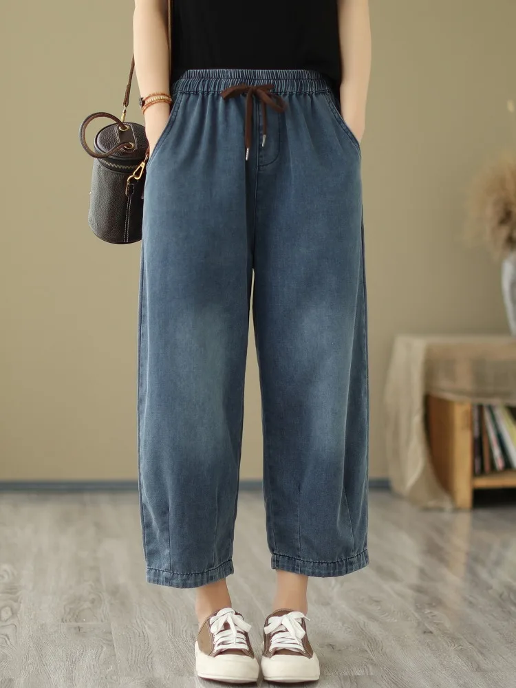 

Летние тонкие повседневные джинсовые шаровары в стиле ретро, женские универсальные утягивающие джинсы с эластичной резинкой на талии и поясом, большие размеры, девятисекционные джинсы