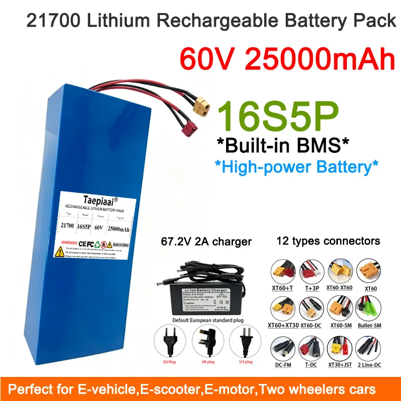 DIY 16S5P 21700 60V Lithium Battery Pack 25Ah High Power 100W-2000W with Built-in 30A BMS 12 Connectors 67.2V Charger
