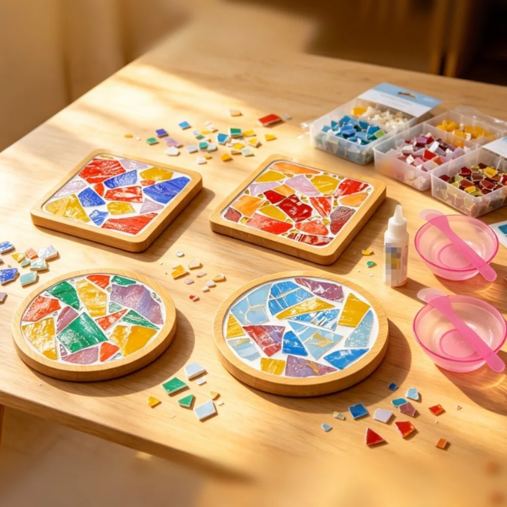 Complete Mosaic Coaster Kit 4 Sets Wooden Boards Colorful Glass Tiles for Home Interior 9x9cm Square 9.5x9.5cm Round