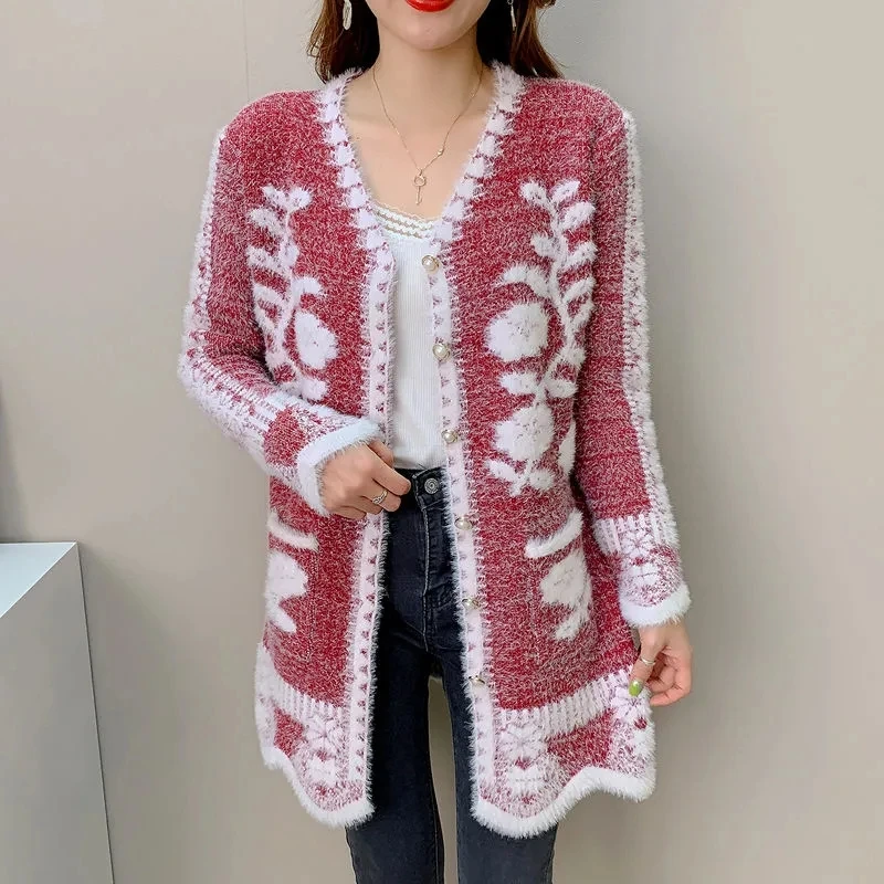 

2025 New Autumn Winter Cardigan Sweater Women's Mid-length Sexy Slim Imitation Mink Cardigan Jacket Female Knitted Sweater Tops
