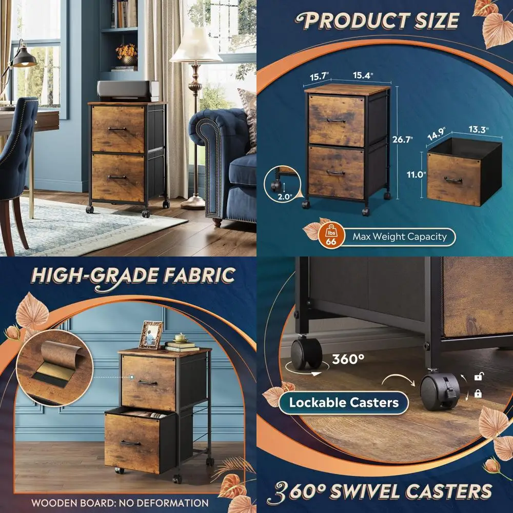 

2-Drawer Mobile Rolling Printer Stand with Fabric Veil, A4/Letter Size, Rustic Brown Wood Grain