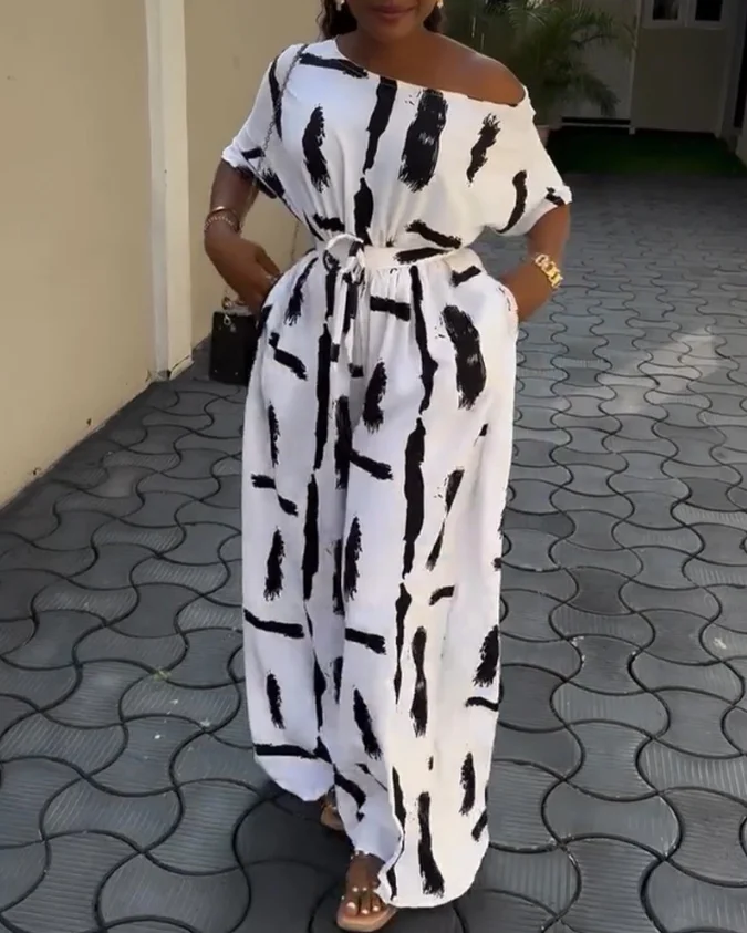 

Jumpsuit Women 2025 Summer Fashion Print Off-Shoulder Jumpsuit Waist Tie Elegant Casual Short Sleeve Wide-Leg One-Piece Outfit