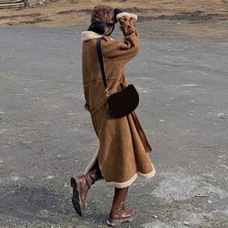 Winter Long Brown Thick Warm Faux Sheepskin Trench Coat For Women Belt Double Breasted Faux Suede Lamb Fur Overcoat 2023 신상아우터