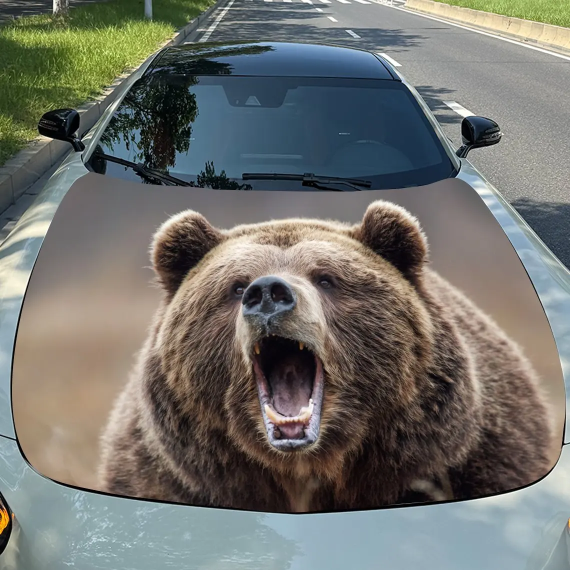 

A brown bear roaring head-on Car Hood Vinyl Stickers Car Surface Protection Decal Car Decoration Cover Vinyl Wraps Waterproof Se