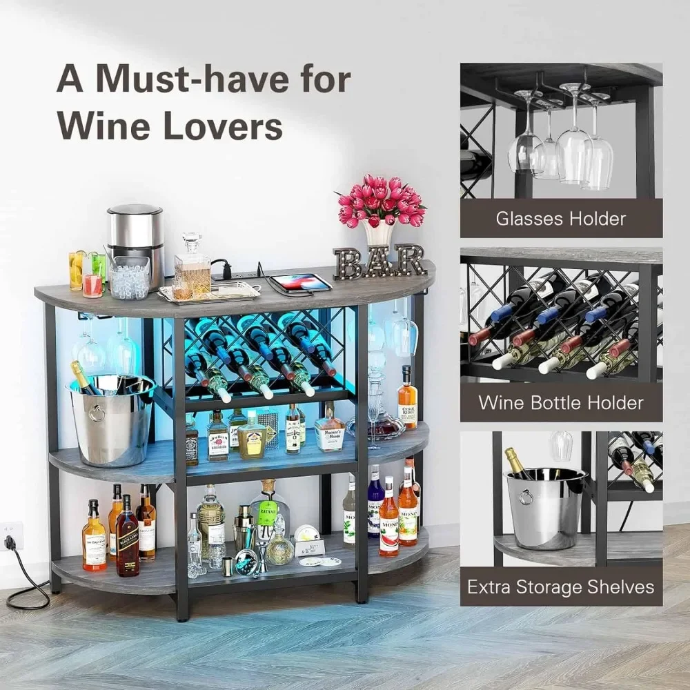 Bar Table Cabinet With Power Outlet, LED Home Mini Bar Cabinet For Liquor, Metal Wine Bar Stand With 4-Tier Storage