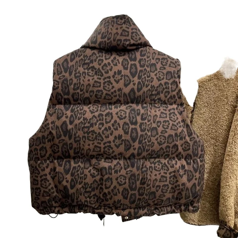 

Короткий жилет с леопардовым принтом и воротником-стойкой, новый стеганый жилет с леопардовым принтом для женщин, хлопковый жилет, теплая модная куртка