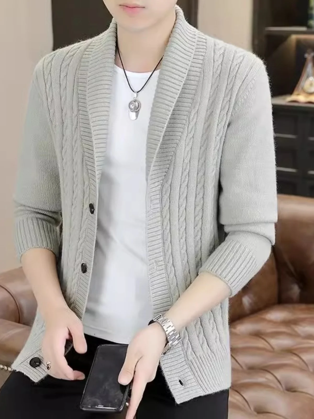 

Мужской повседневный вязаный кардиган: модный, универсальный, весенне-осенний свитер-жакет из мягкого полиэстера с длинными рукавами для бизнеса