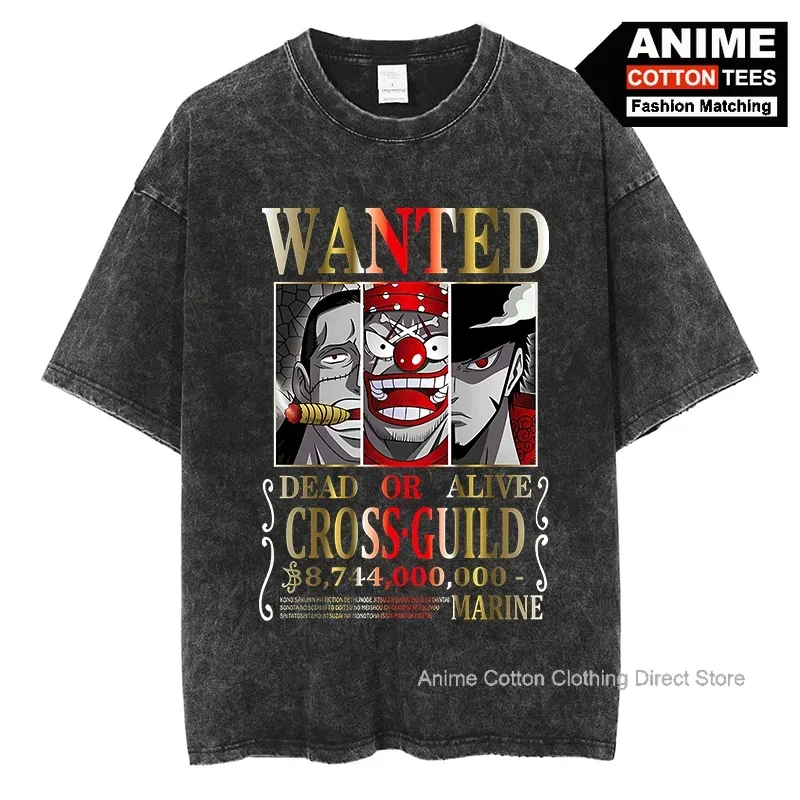 Anime Pirate King Peripheral Clothing Color WANTED Poster Series Print T Shirt Cotton Washed Vintage Unisex Oversized Loose Tees