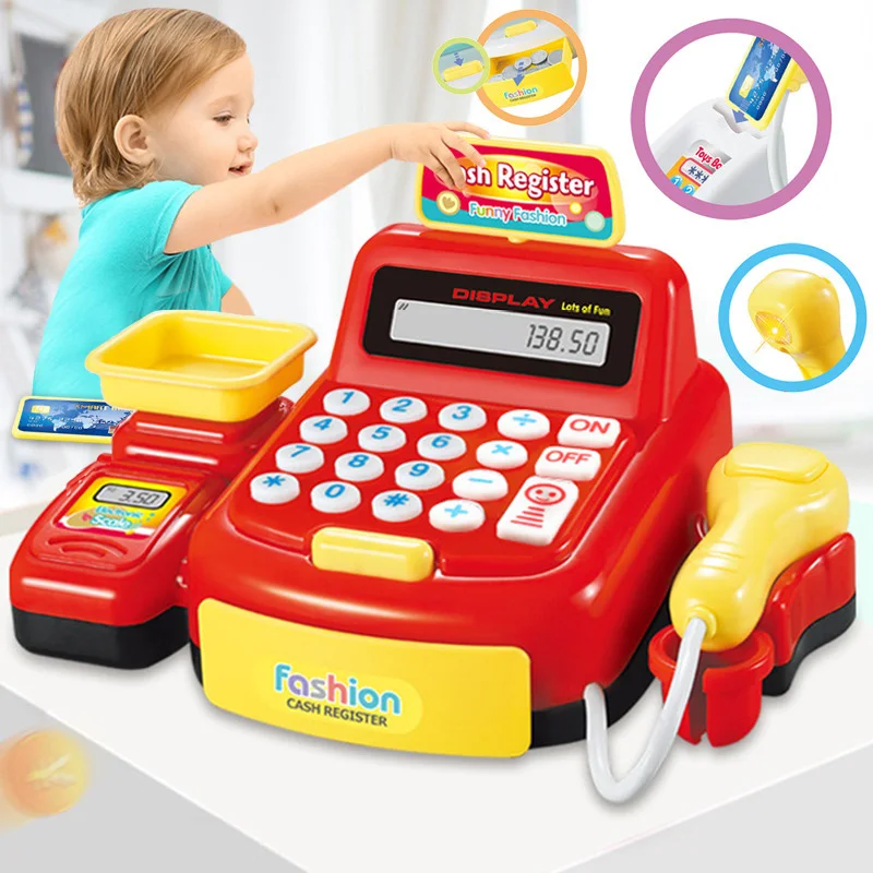 Kid Simulation Supermarket Cash Register Grocery Play House Toy Store Pretend Calculator with Coins Money Gift Toy for Girl Boy