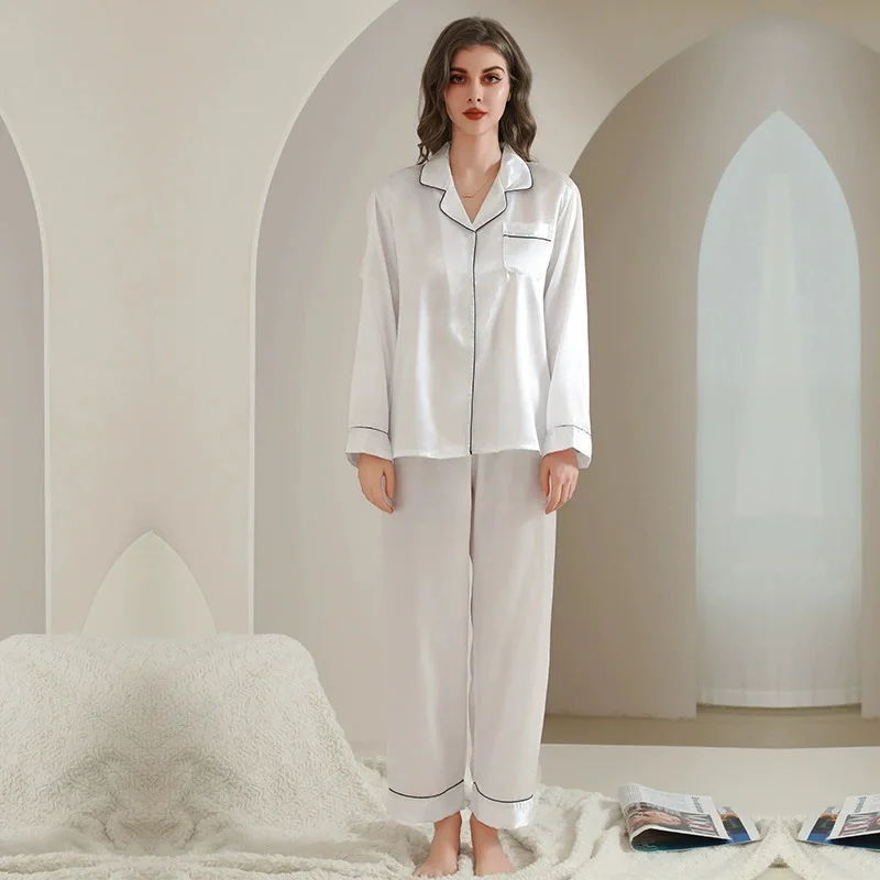 Summer New Women's Sleepwear Pajamas Set Sexy Solid Trouser Suits Pyjama Pour Femme Loose Satin Homewear Loungewear