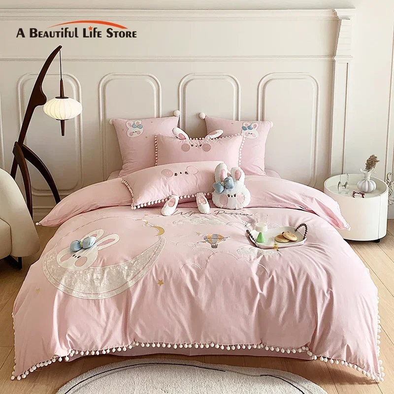 New Pink Cute Cartoon Rabbit Moon Embroidery 100% Cotton Girls Bedding Set White Ball Edge Duvet Cover Set Bed Sheet Pillowcases