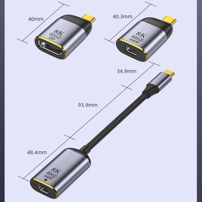 Câble USB C vers DP/Mini DP 8K @ 60, port d\'affichage de type C 1.4, adaptateur convertisseur Thunderbolt 3 4K 60Hz Displayport pour MacPleHDTV