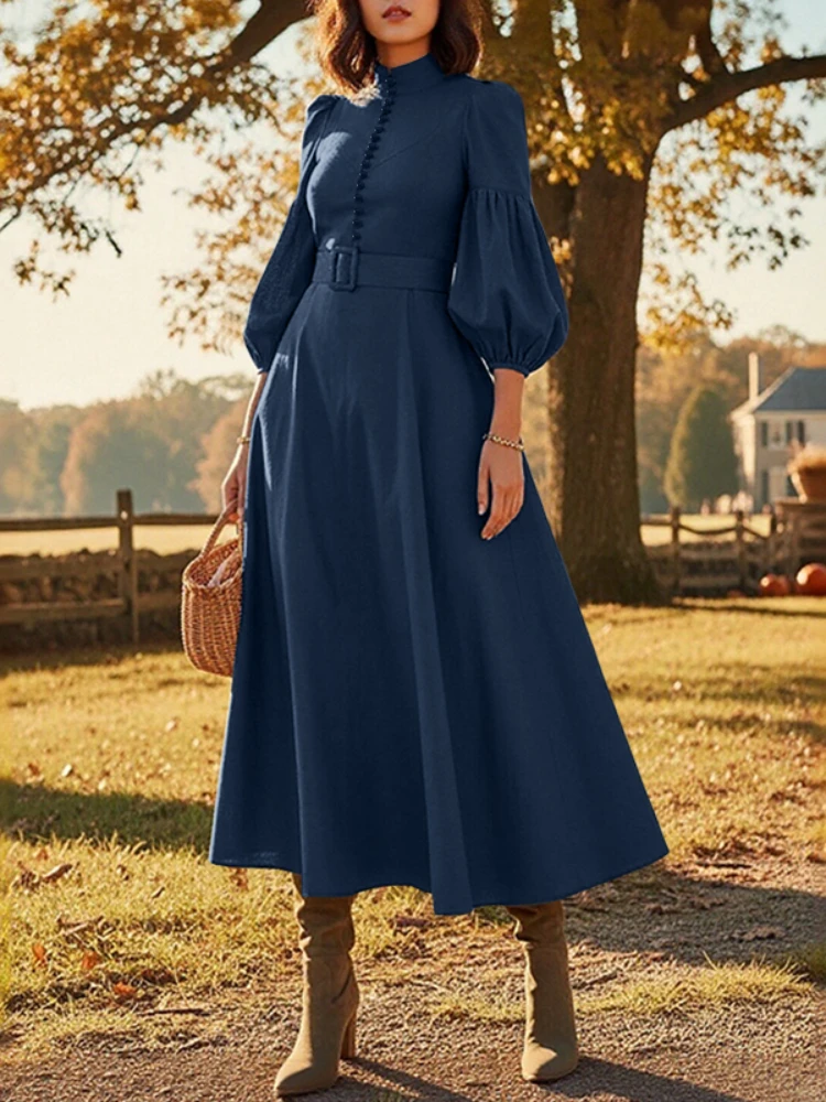 

ZANZEA Vintage Women A-Line Midi Dresses Elegant Chic Stand Collar 3/4 Lantern Sleeve Belted Woman Dress Fall Romantic Clothes