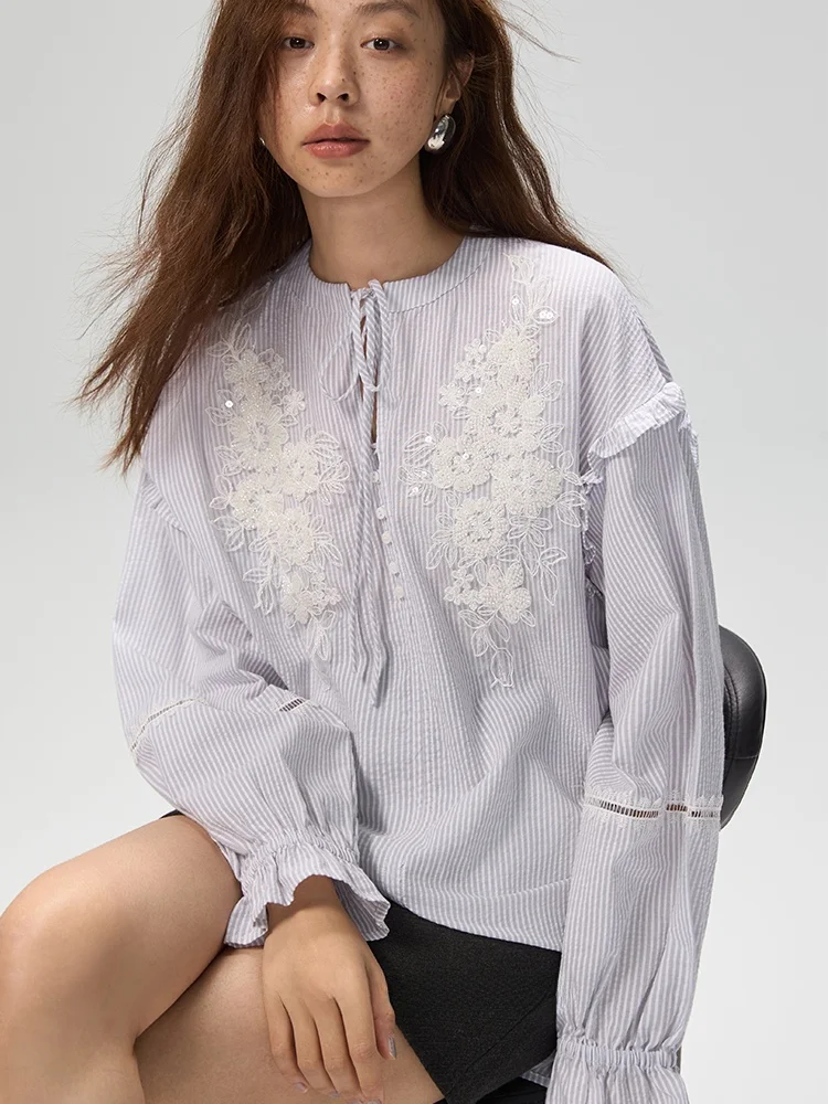 

Ретро-топ с вышивкой для женщин, художественный дизайн, с завязками, из полиэфирного волокна, с длинными рукавами, осенняя модная женская одежда