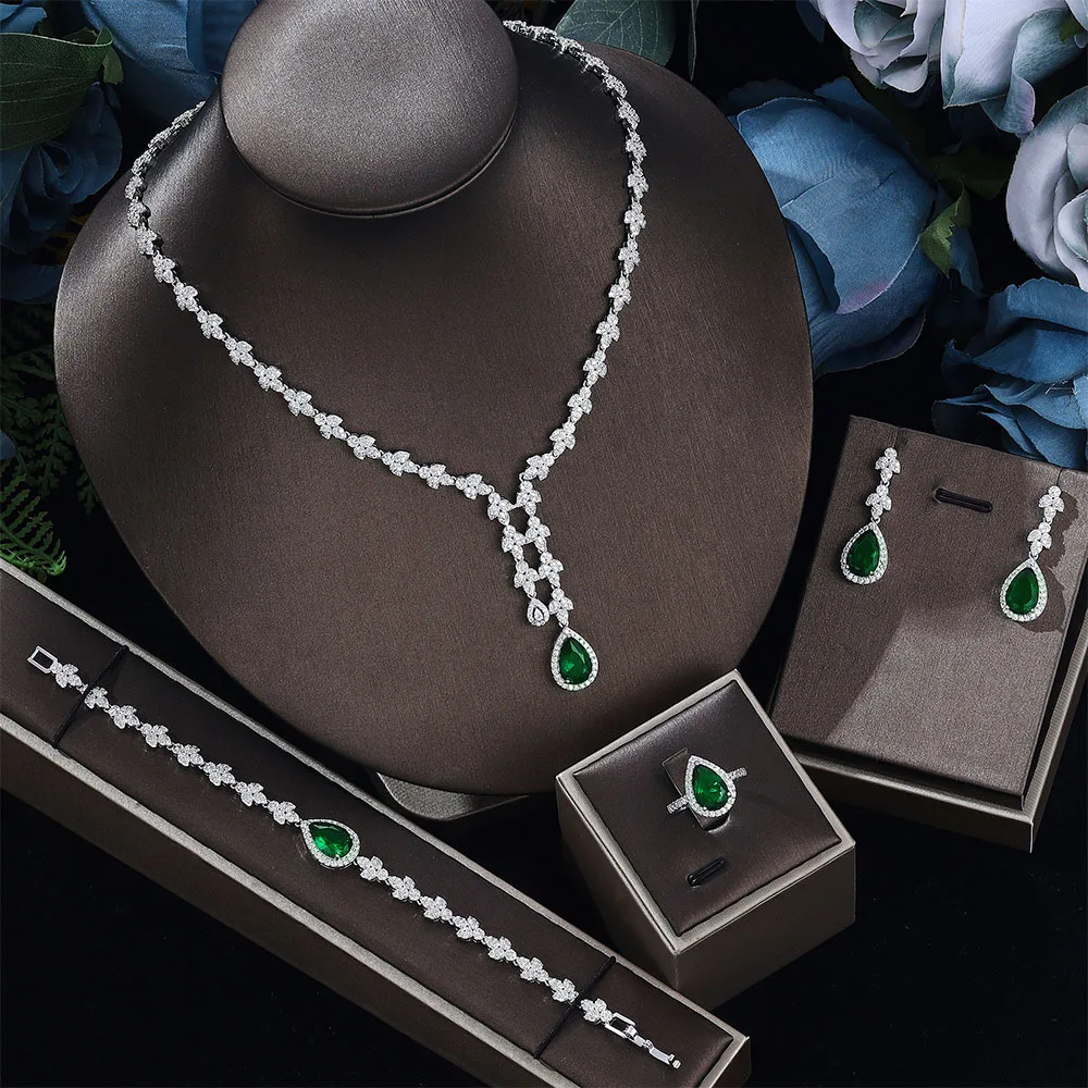 Fashion Women Jewelry Set Water Drop Clavicle Necklace Earrings Ring Bracelet Inlaid Zircon Wedding Evening Party Christmas Gift