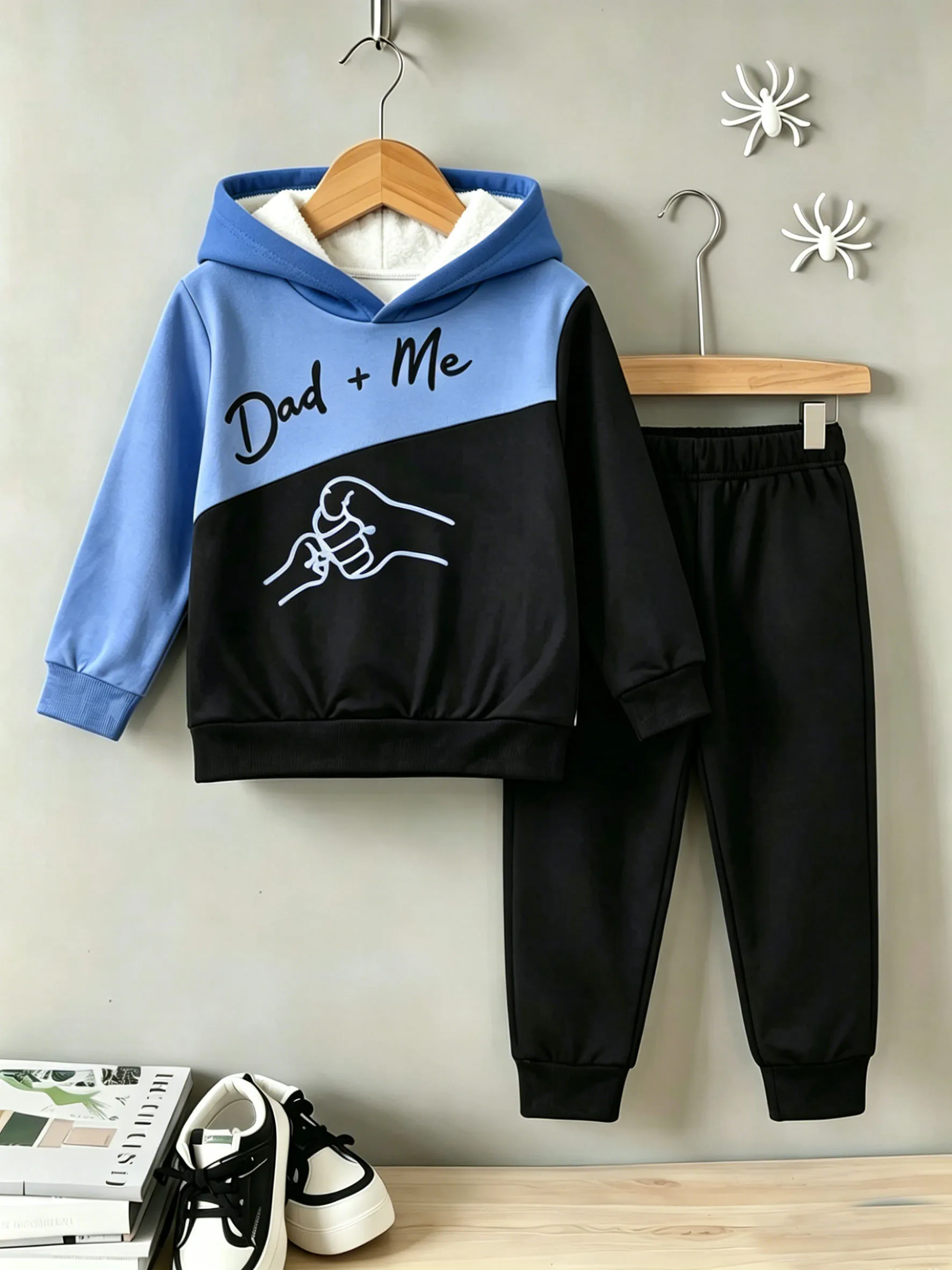 Baby Boy Color Block Hoodie Jogger Pants 2‑Piece Set Toddler Dad+Me Fist Bump Print Casual Tracksuit Outfit