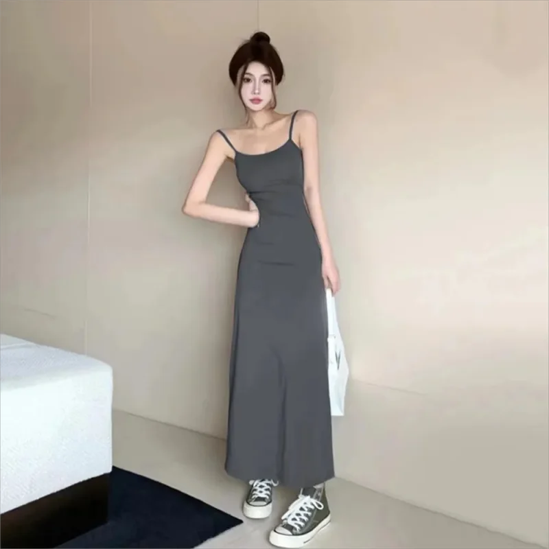 

Summer Black Dress Womens Straps Dress Sleeveless Sexy Korean Fashion Grey Suspender Simple Temperament Longuette Skirt Dress