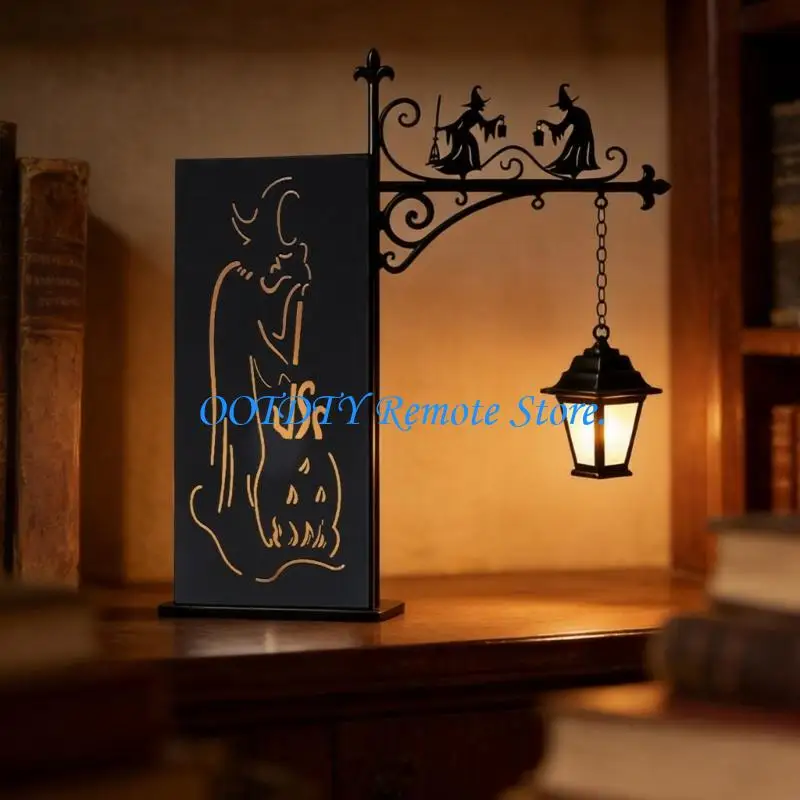 2 Piece Halloween Witch Bookend Set, Black Metal Book Dividers With Hanging Lantern Light for Bookshelf Reading Corners
