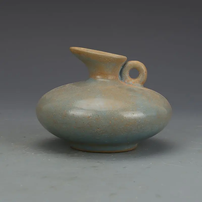 Ru Kiln Sky Blue Glaze Single Loop Handle Flat Belly Water Dropper Chinese Antique Mini Ceramic Study Decor Pot