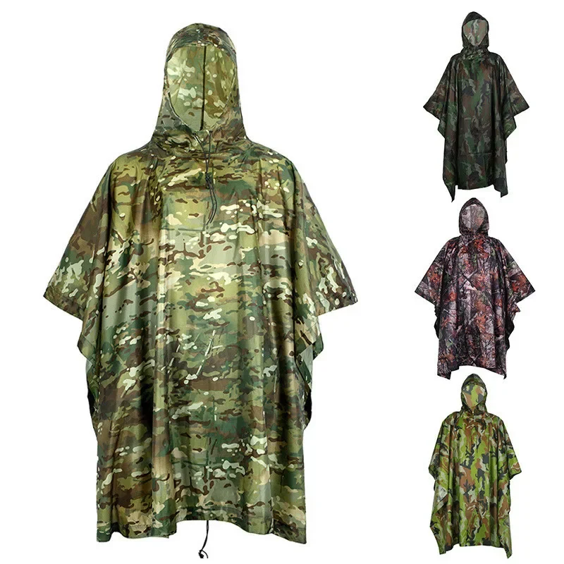 Men Women Camping Riding Waterproof PVC Raincoat Outdoor Climbing Cycling Sports Hunting Fishing Hooded Camouflage Tent Poncho