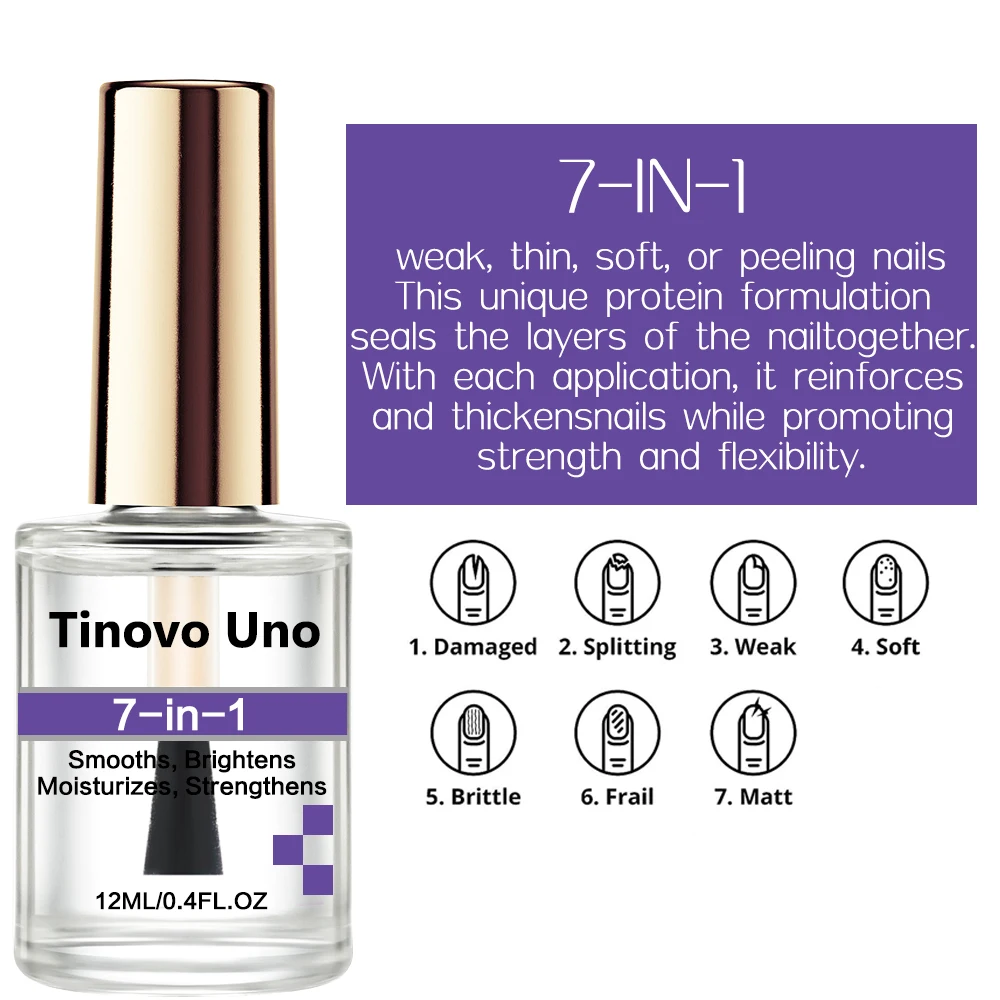 Tinovo Uno Nail Treatment Strengthener, Super Brilho Natural Seco, Suaviza, Acabamento Reparador, Acabamento Cuidado, 12ml, 7 em 1