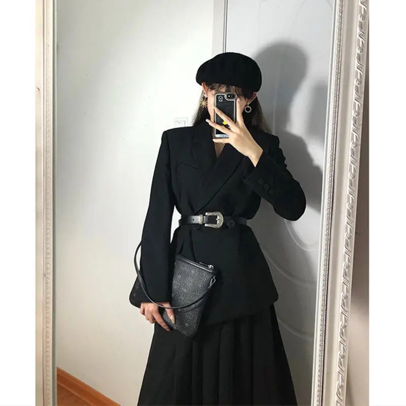 Women\'s Black Slim Blazers A-Line Skirts Two Piece Dress Set Korean Office Lady Graceful Suit Jacket with Waistbelt New Outfits