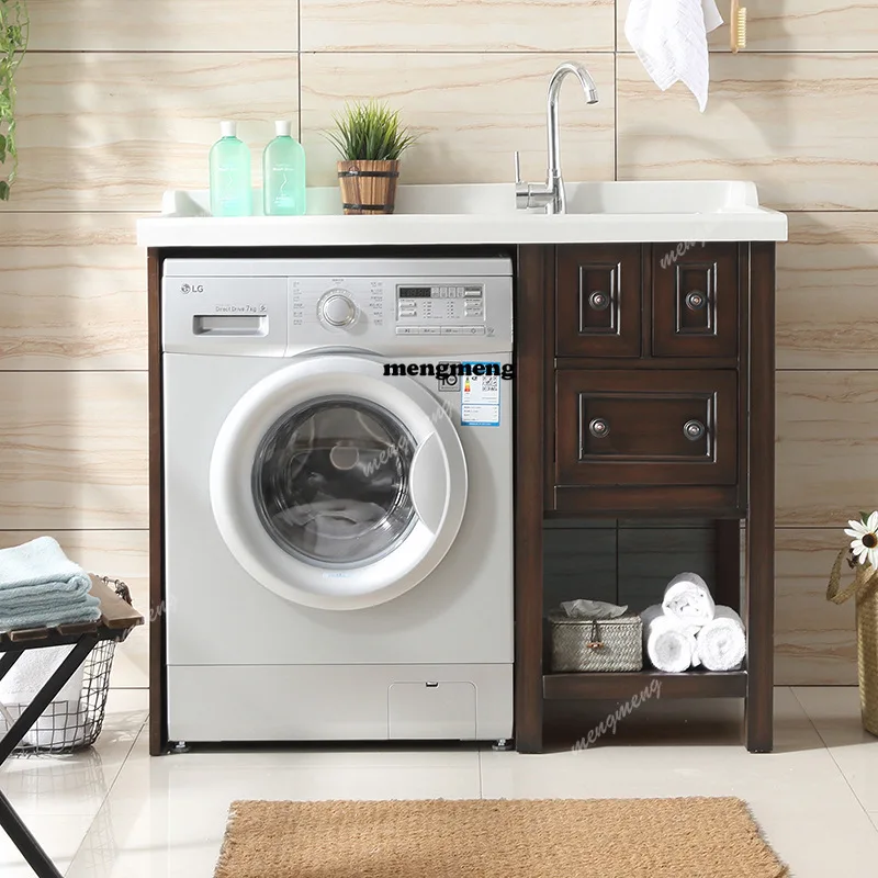 Nordic High-End Balcony Washing Machine Cabinet Modern Laundry Tub Front-Load Washing Machine Cabinet Bathroom Furniture