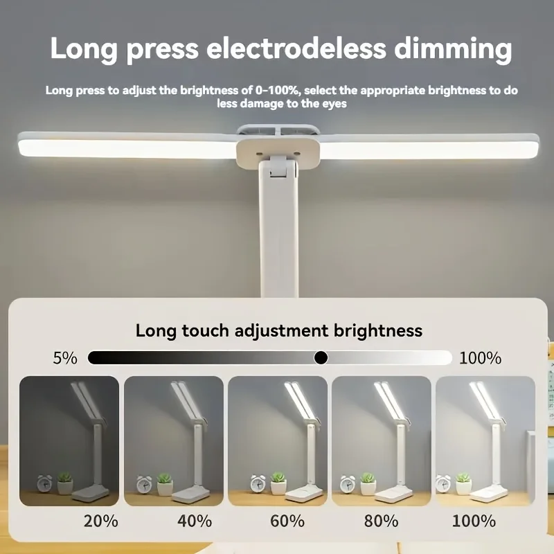 LED double-head desk lamp, 3-level dimmable touch night light, USB rechargeable, eye-protection, foldable bedside reading desk