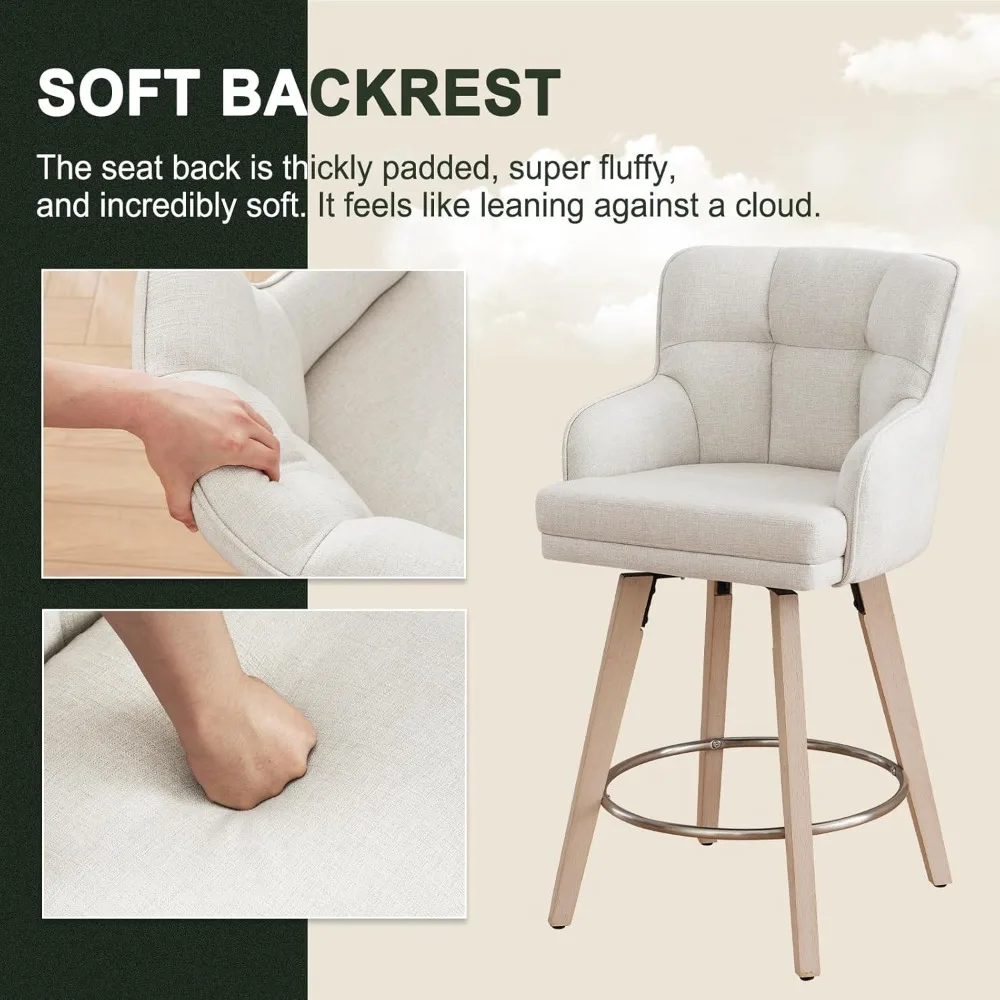 360°Swivel Counter Height Bar Stools with Back, 26 inch Solid Wood Legs, Bar Stool Modern Kitchen Island Chairs, Fabric