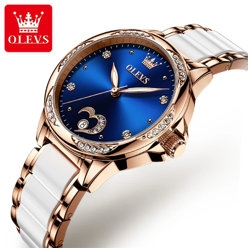 

OLEVS Womens Watches Top Brand Luxury Ceramic Mechanical Watch for Women Waterproof Fashion Blue Dial Diamond Wristwatches