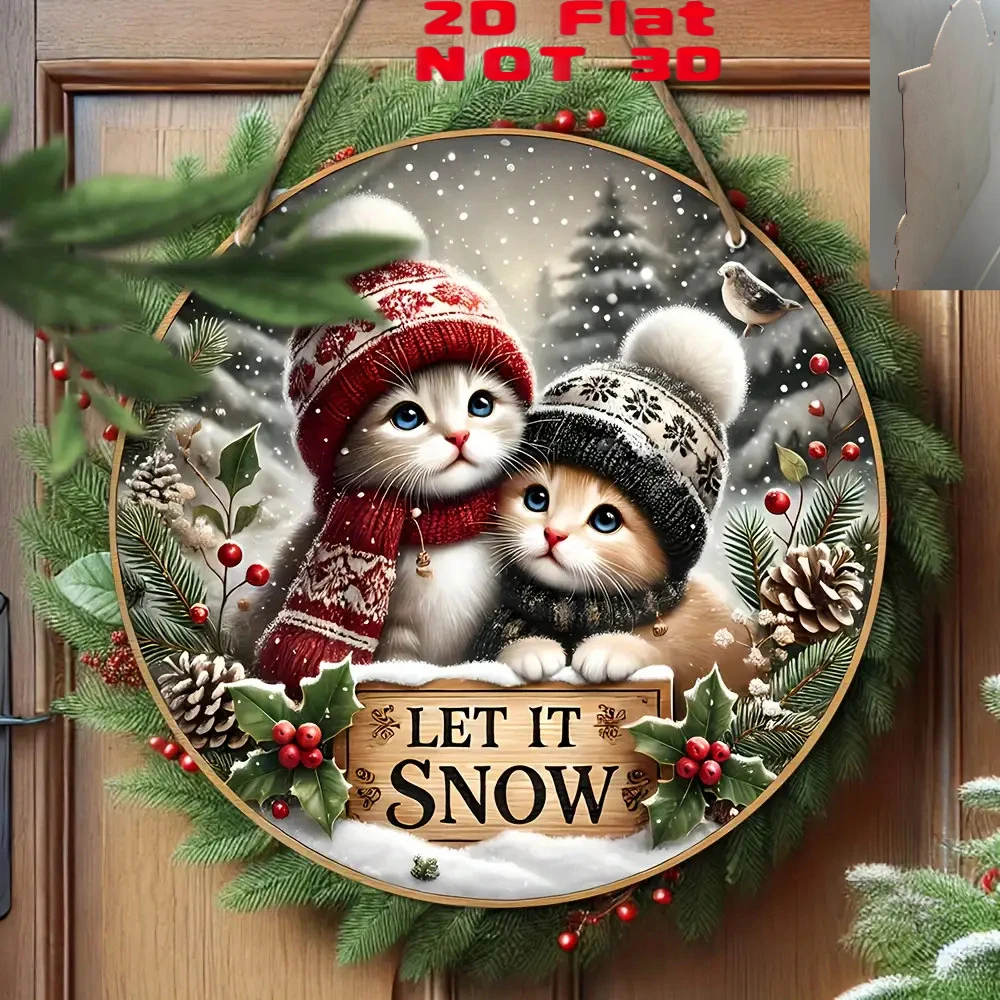1PCS Charming Cat Christmas Decoration 2D Winter Scene Falling Snowflake Round Wooden Wall Decor Sturdy Display  Pine Branches