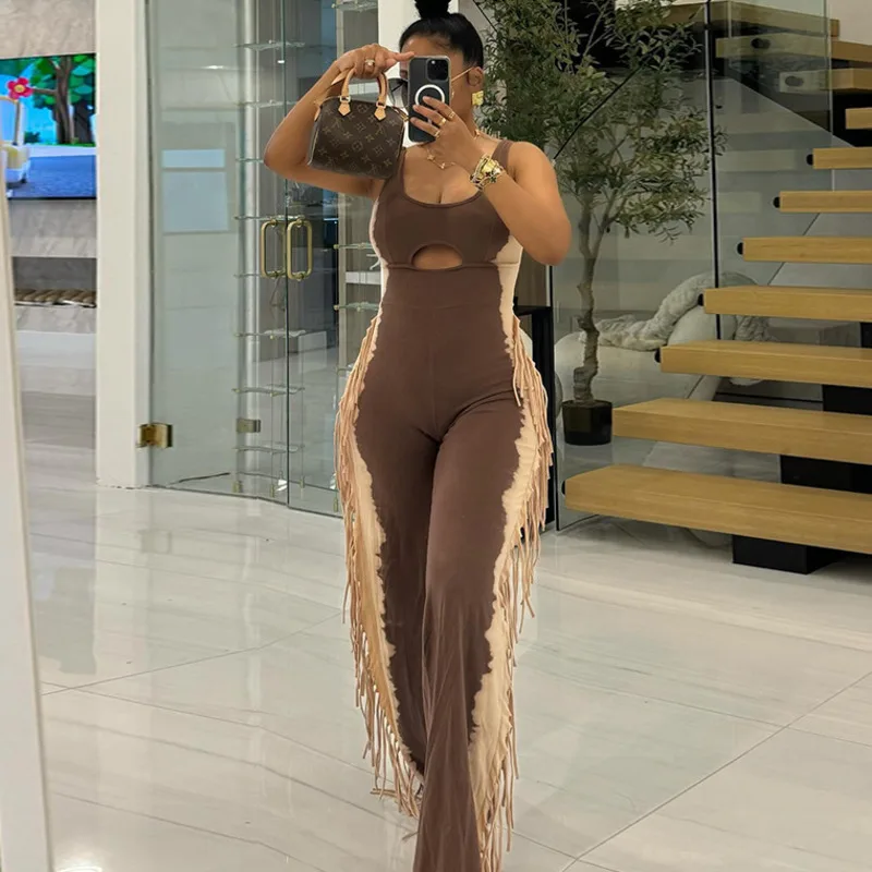 Hollow Vest Tassel Jumpsuit Set For Women 2024 Summer New European And American Casual Straight Fit High Waisted Suit Pants New