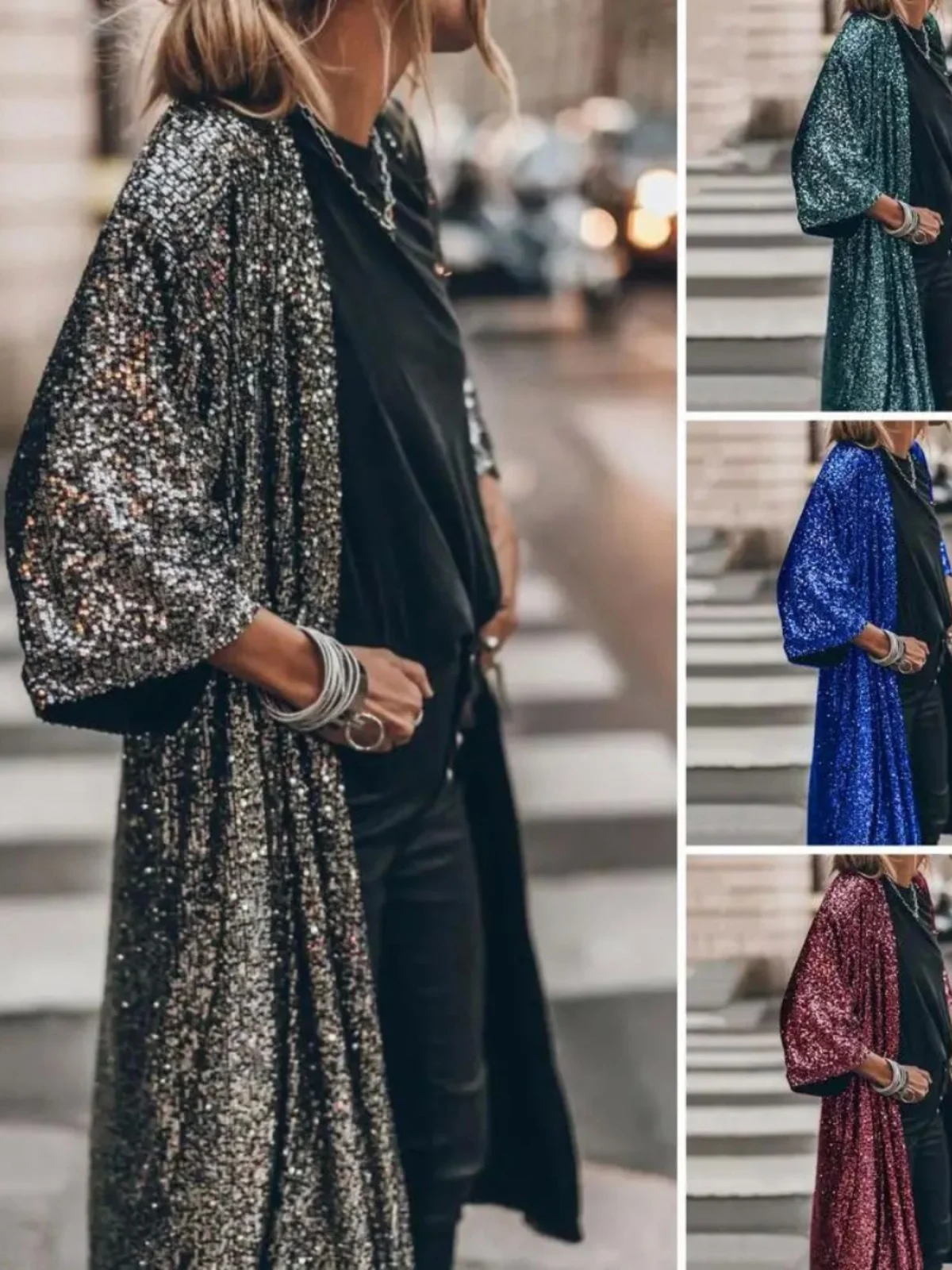 Women's Mid-Length Sequin Cardigan Jaet Sparkling Open-irt Outerwear Street Sle V-Ne Long Sve Slim Fit Winter Coat