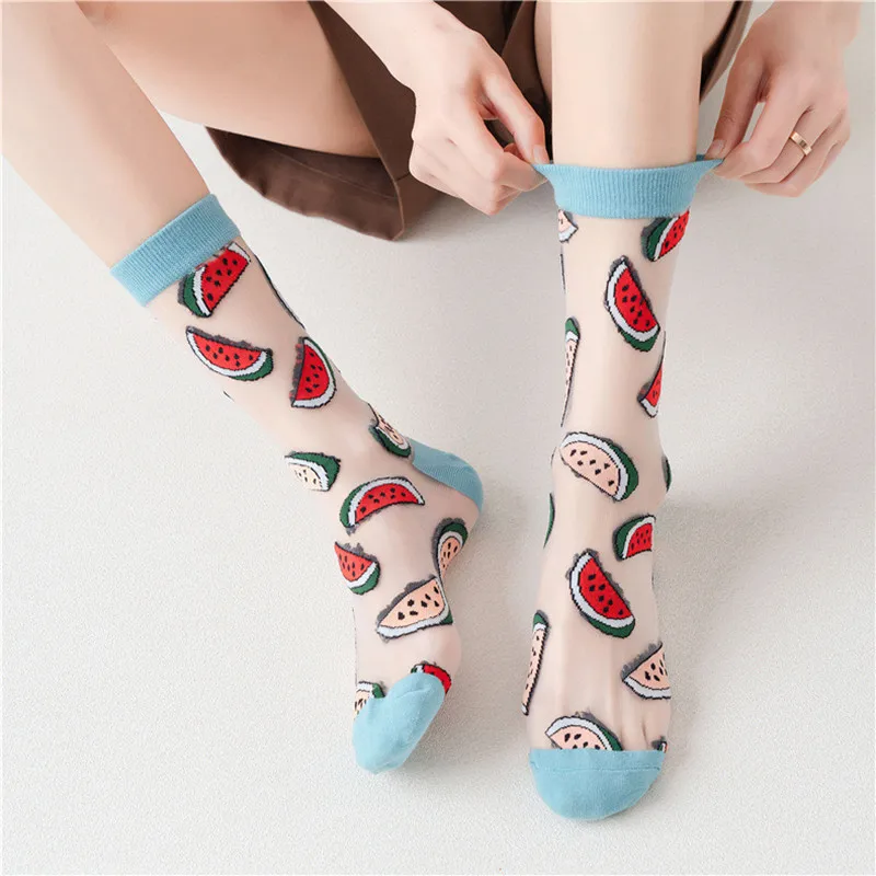 1Pair Japanese Korea Style Women Middle Summer Creative Fruits Transparent Silk Trend Print Ultrathin Glass Silk JacquardSocks