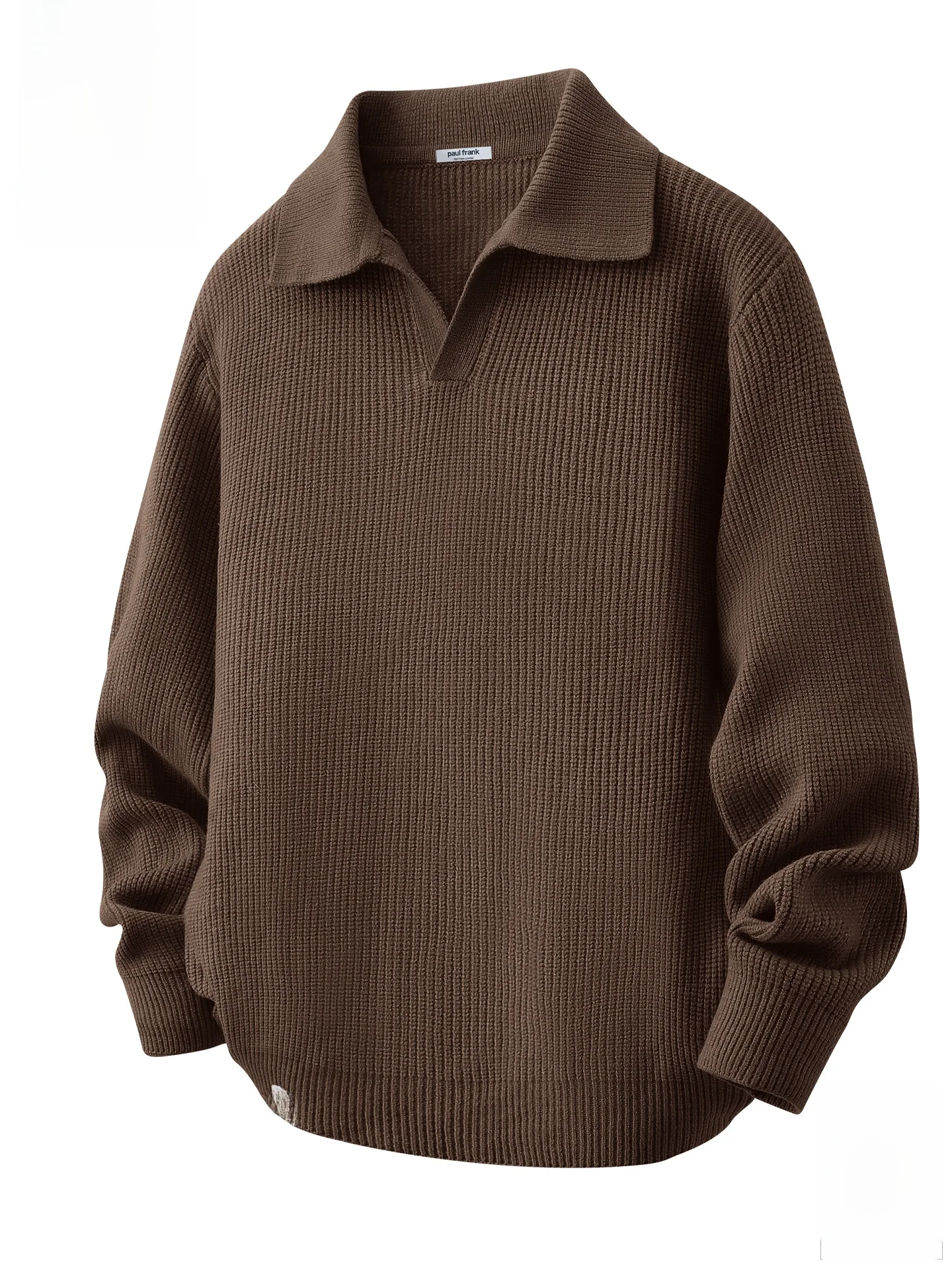 

Brown Knitted Sweater Men's Loose Fit Fall Winter Turn-down Collar Comfortable Long Sve Polyester Blend