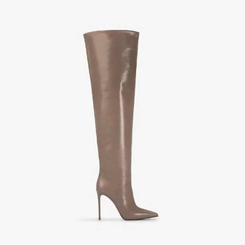 Drop Shipping Donna Sexy Grigio in pelle solida Punta a punta Tacchi a spillo Stivali sopra il ginocchio Donna Concisa Scarpe Botas lunghe Lady