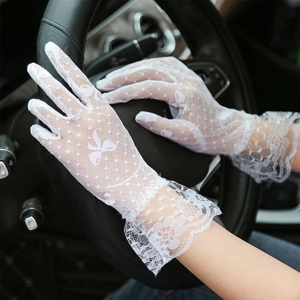 Mode Volle Finger Bogen Kurze Sonnencreme Spitze Handschuhe Transparent Mesh Braut Handschuhe Anti-Uv Atmungsaktive Tüll Fäustlinge Frauen