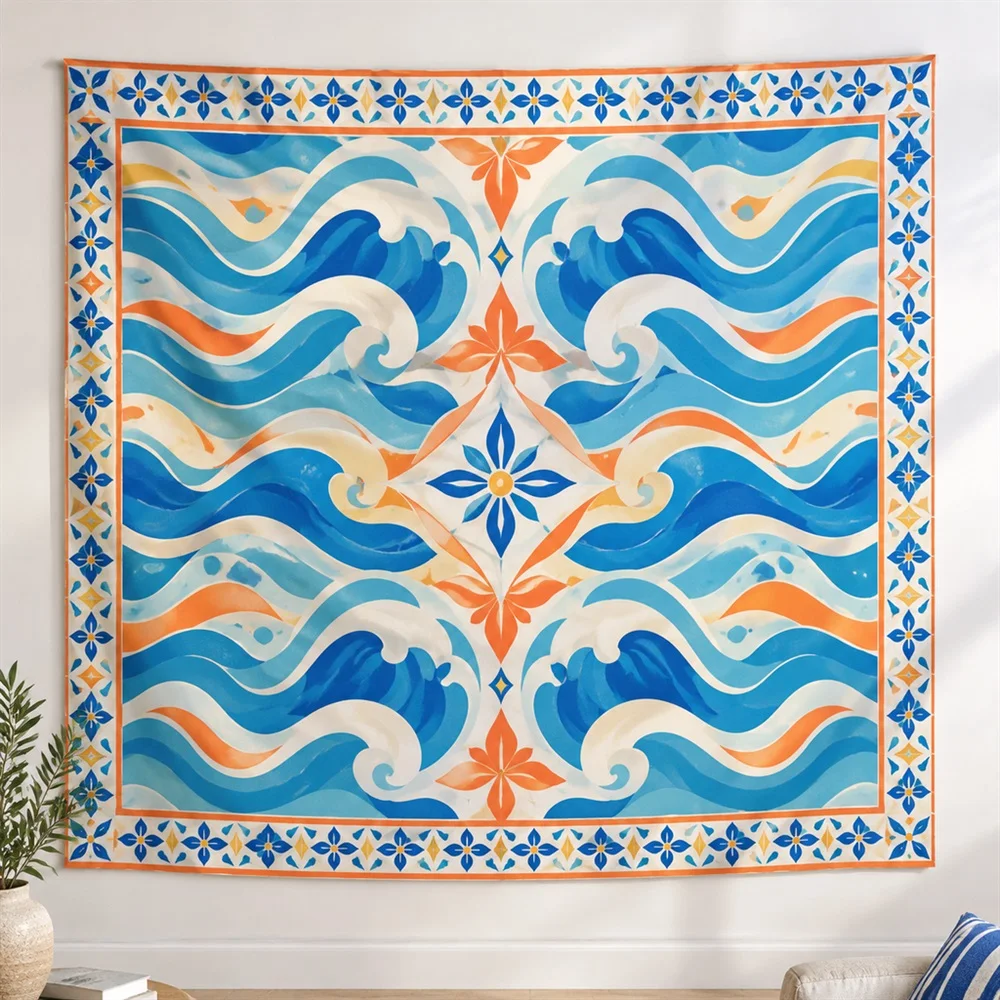 VIKAMA Wave Pattern Tiles Mirror Symmetric Tapestry Wall Hanging, Mediterranean Wall Decor Tapestries for Living Room Bedroom