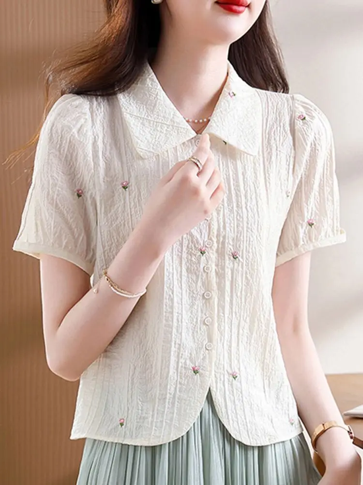 Camicetta estiva in chiffon a maniche corte Nuovo top da bambola dolce ricamato da donna