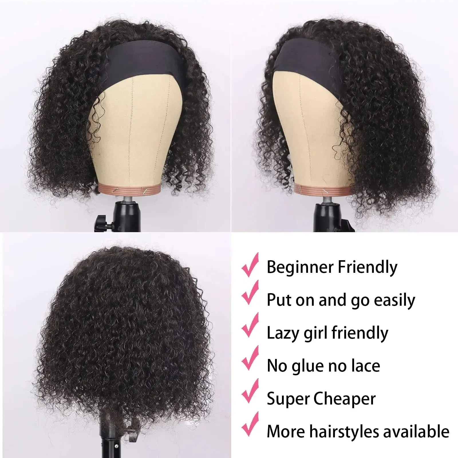 YYong Curly Short Bob Headband Wig Human Hair Cheap Clearance 8-16inch Glueless Headband Half Wigs For Women Full Machine Made