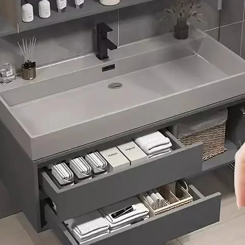Large Basin Bathroom Cabinet Combination Washbasin Bathroom Rock Integrated Solid Wood Simple Intelligent Room Furniture