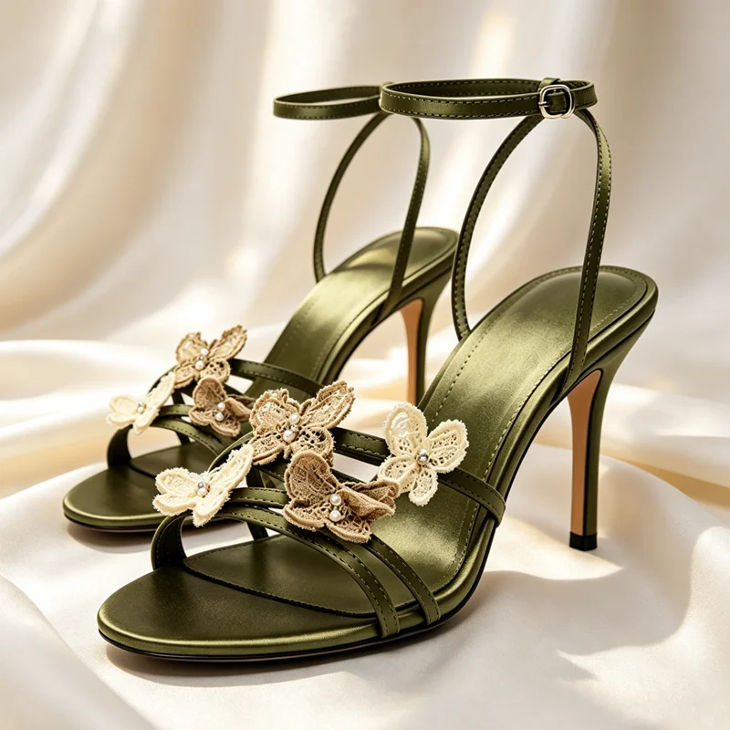 

Hand Embroidery Butterfly Detail High Heel Sandals Women Luxury Satin Ankle Strap High Heels for Ladies Elegant Party Dress Shoe