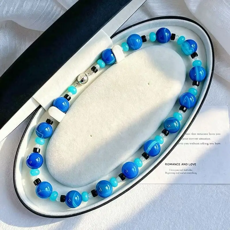 14mm large natural blue agate necklace with a stylish design perfect for wearing around the collarbone