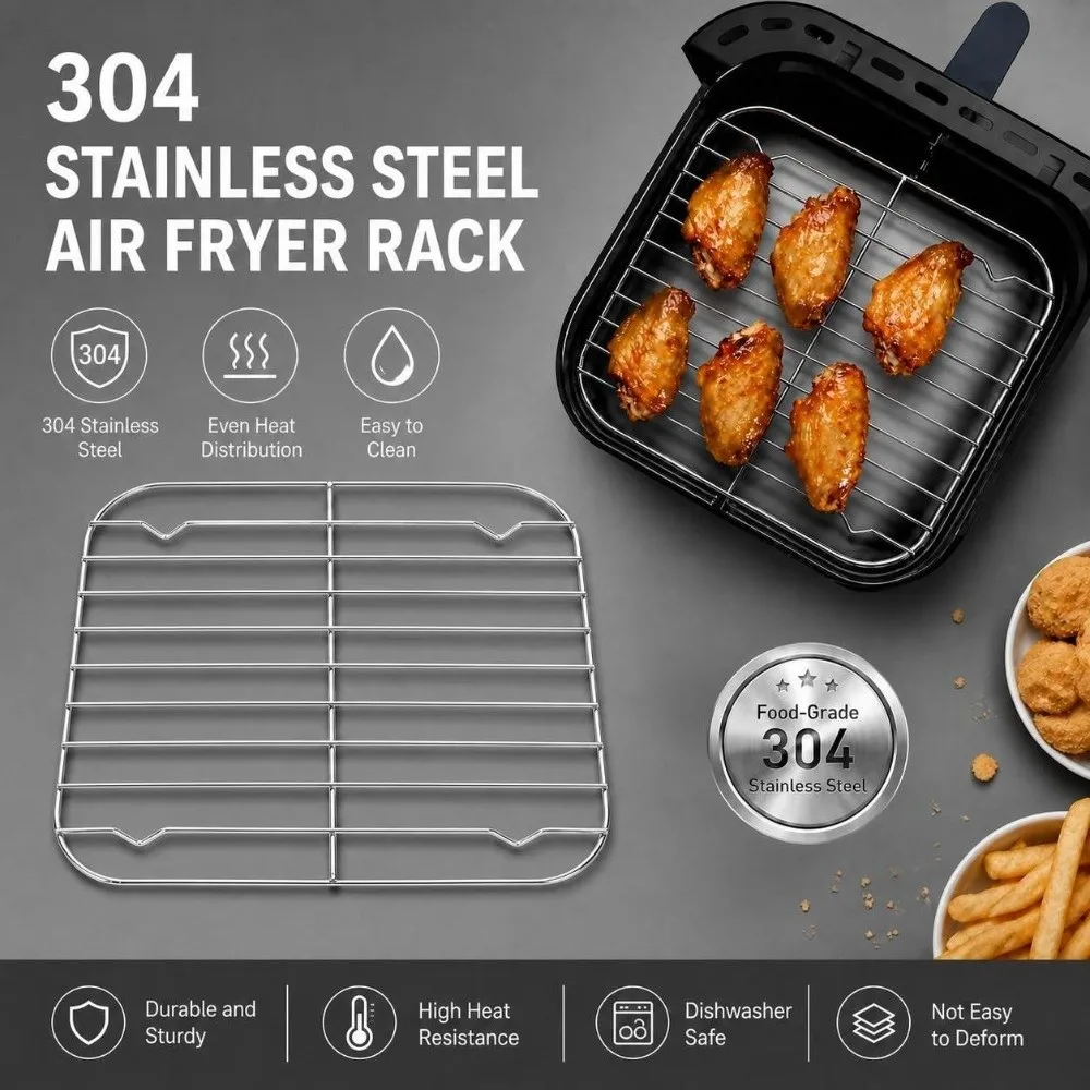 Portable 304 Stainless Steel Cooking Rack Square With Foot Air Fryer Rack Thicken BBQ Net Home Kitchen Oven Steamer Cooker