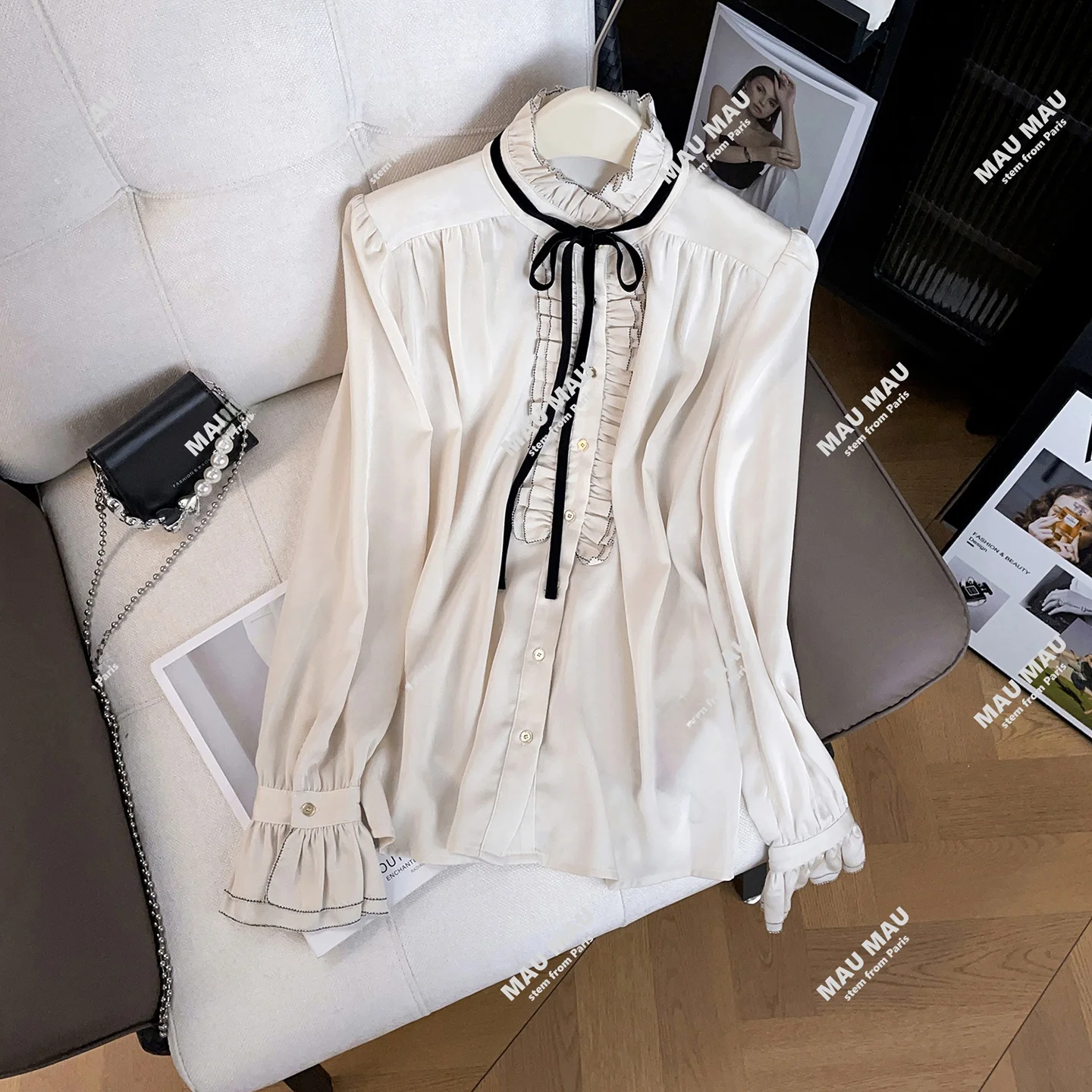 

Ele Women's Long Sve irt Spring Autumn Faion Petal Collar Knot Casual Versatile Ladies' Premium Clothing