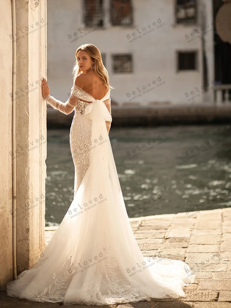 魅力的なウェディングドレスゴージャスなブライダルドレスレースアップリケオフショルダーローブ高級 Vestidos デノビアカスタマイズ 2025
