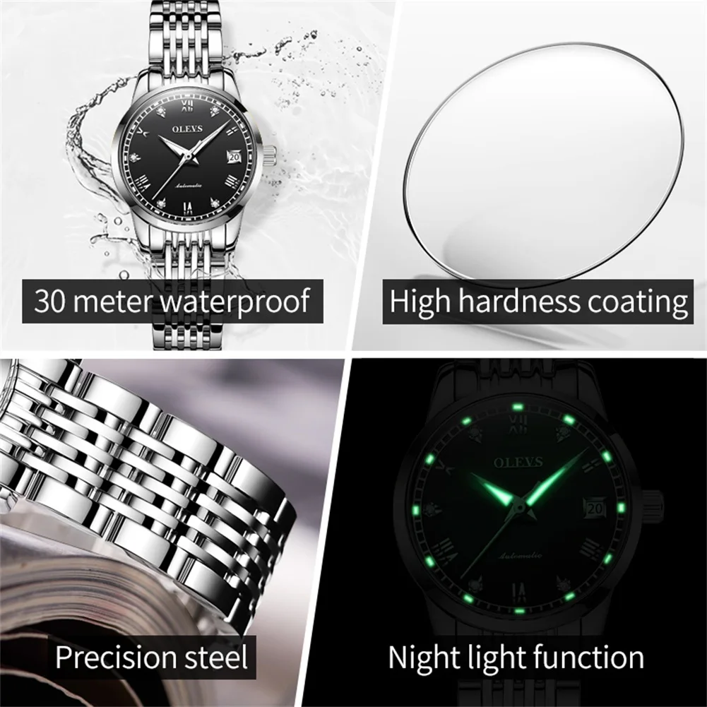 ساعات الزوجين OLEVS للرجال والنساء بسيطة فاخرة أصلية أوتوماتيكية ساعة يد ميكانيكية تاريخ تلقائي مقاومة للماء هدايا العشاق 6602 #6