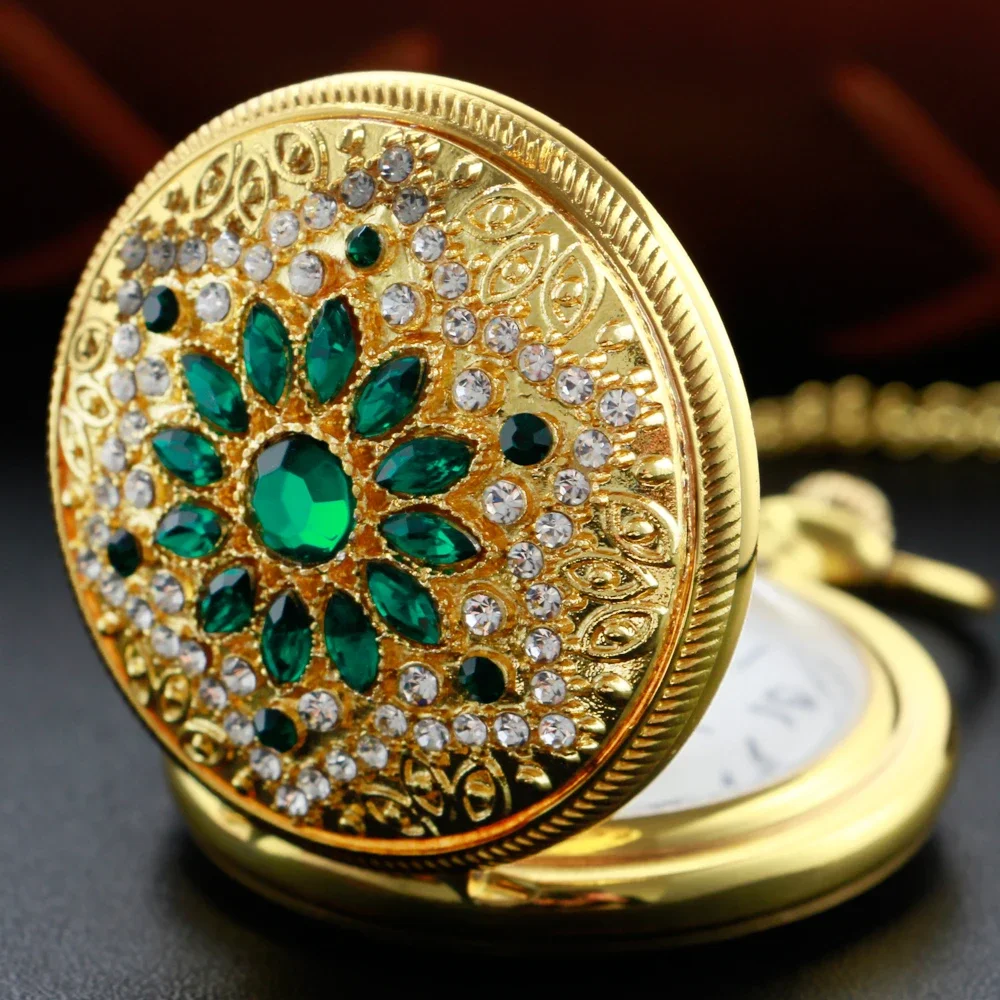 Exquisite Luxury Gold Green Gem Magic Diamond Digital Quartz Pocket Watch Women's Necklace Clock Fashion Accessories Gift