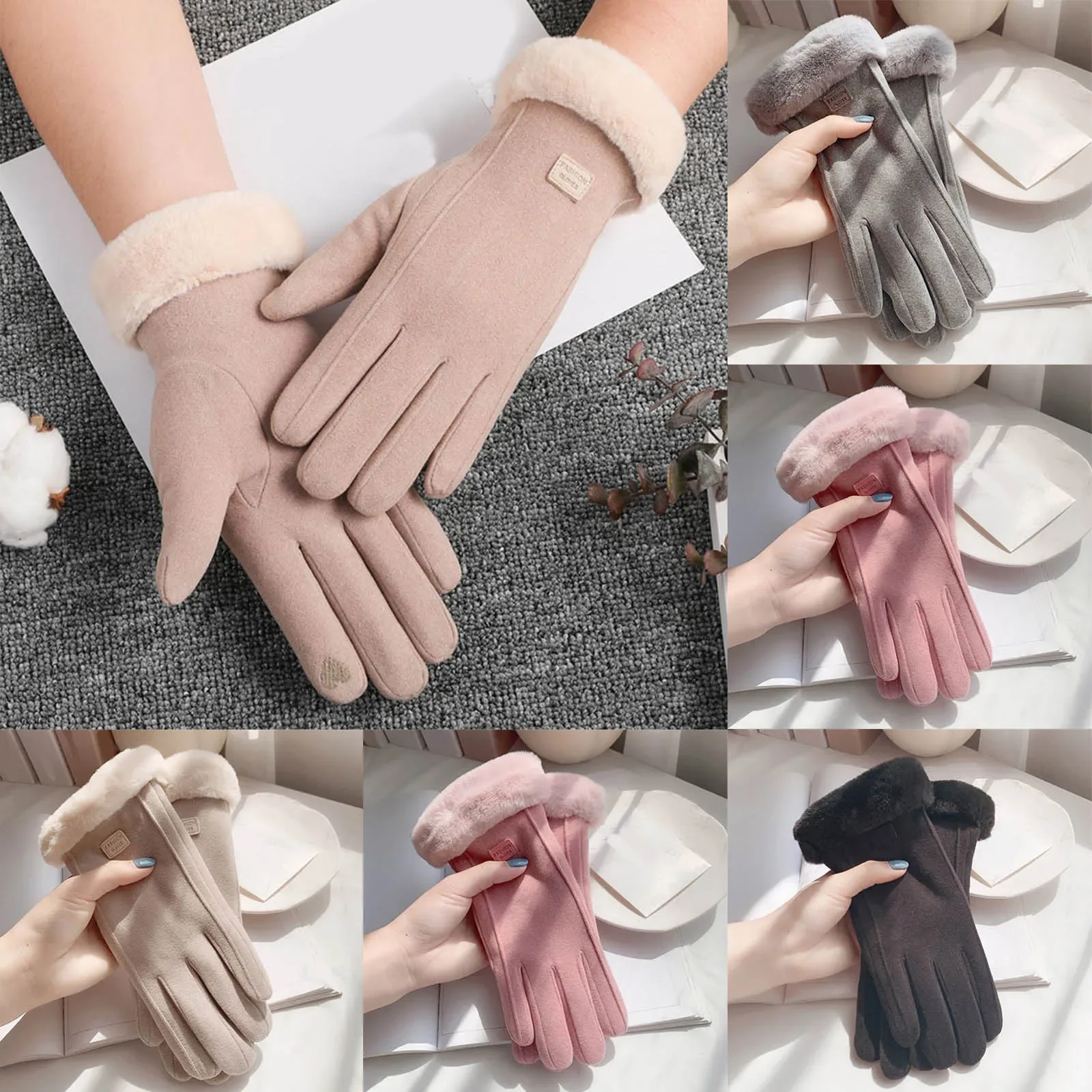 Winter Female Cashmere Warm Suede Leather Cycling Mittens Double Thick Velvet Plush Wrist Women Touch Screen Driving Gloves