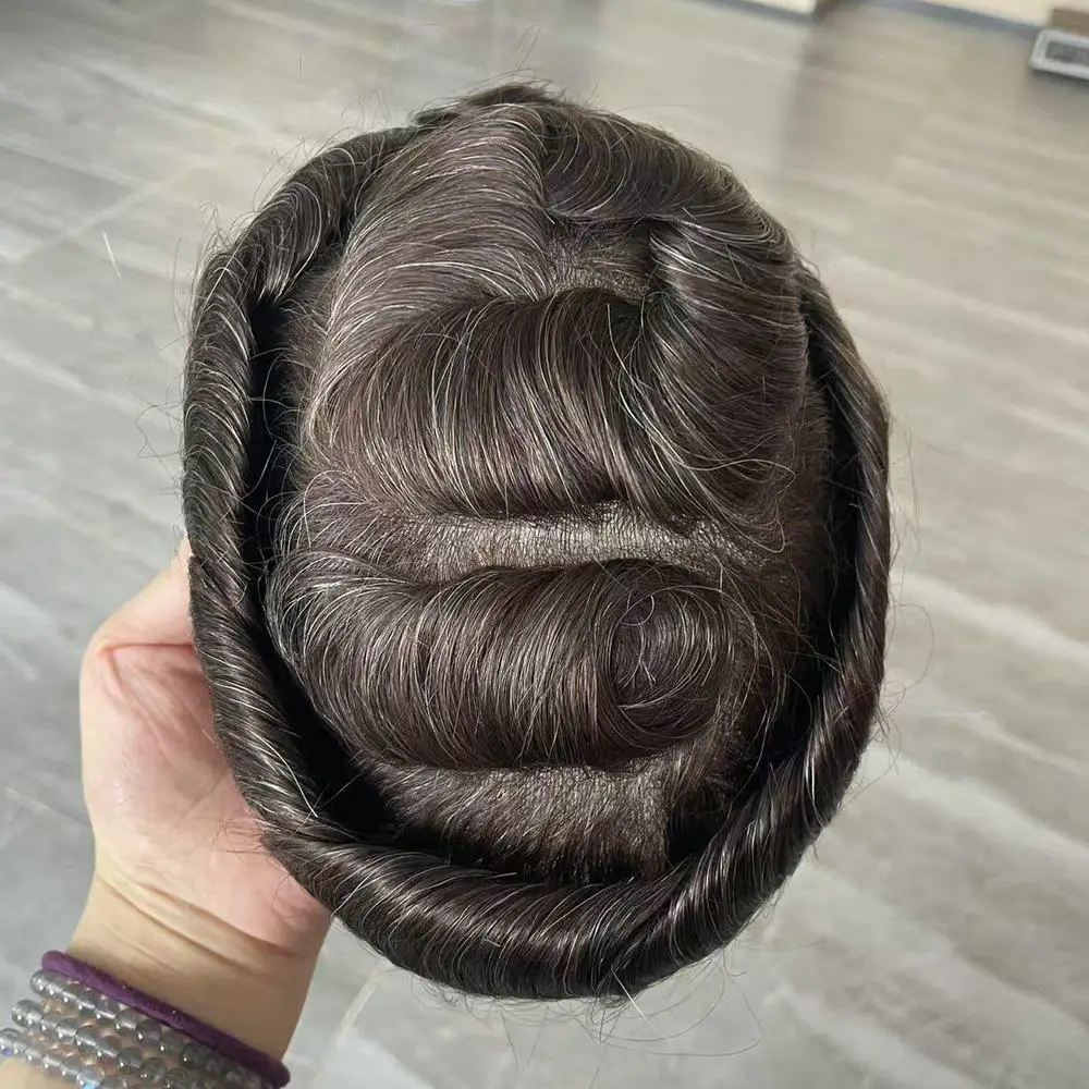 Schwarzes Toupet für Herren mit 80% Dichte, 0,02mm Super Ultra Dünne Haut, Grau-Braunes Echthaar, Natürlicher Haaransatz, V-Loop-Prothese – Detail 7
